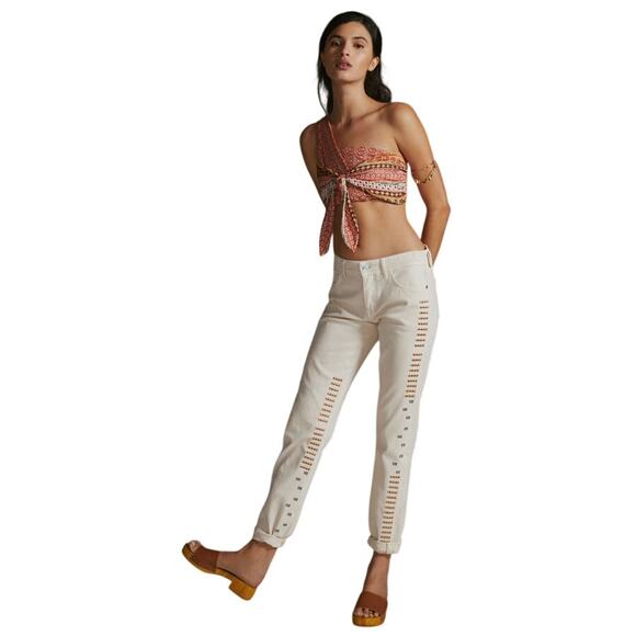 Pilcro Embroidered Jeans Anthropologie Boyfriend Mid Rise Cream - Picture 13 of 14
